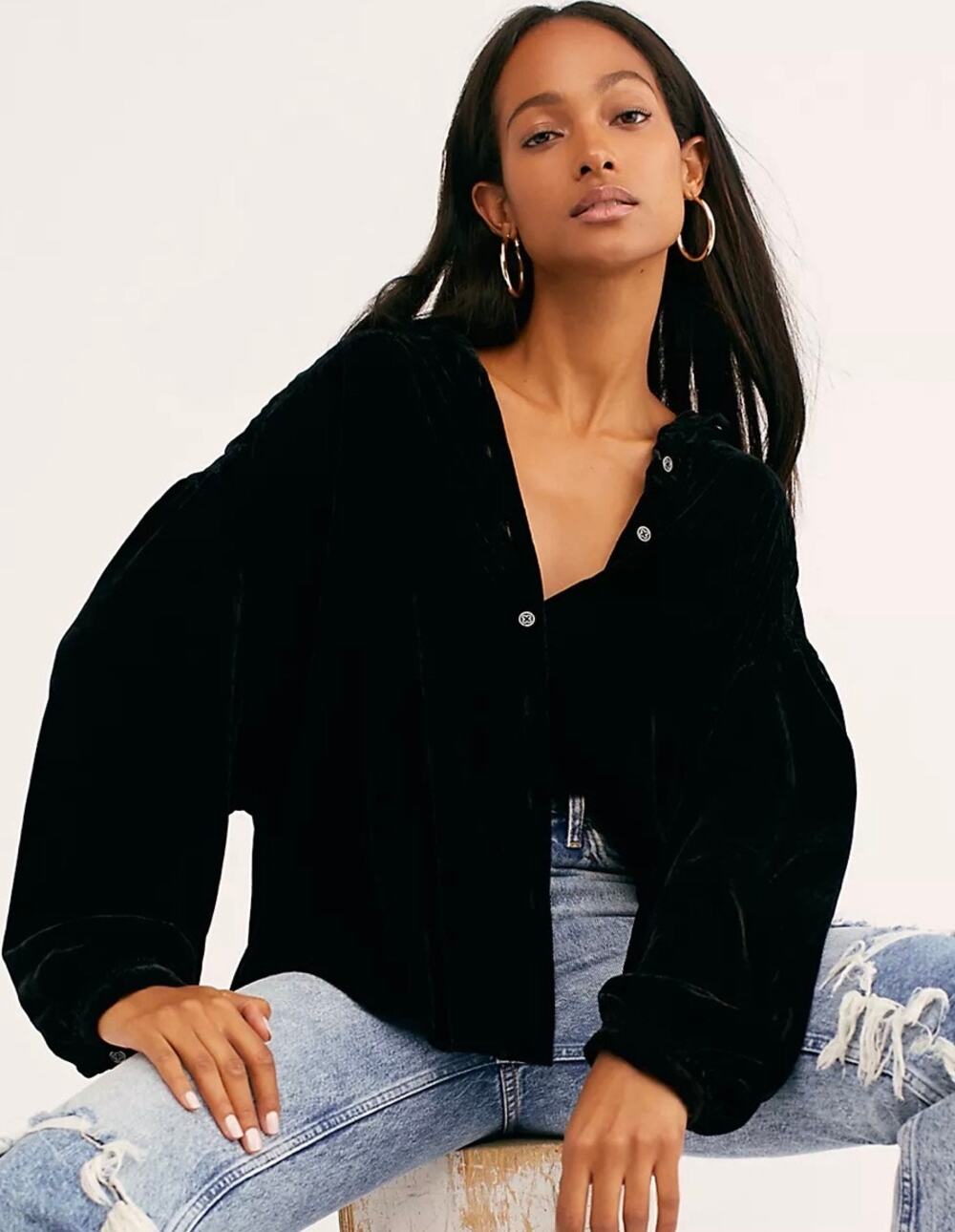 Free People We The Free La Luna Black Velvet Long Sleeved Oversized Shirt XS